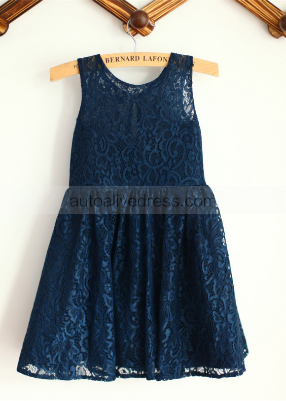 Navy Blue Lace Slit Back Knee Length Flower Girl Dress